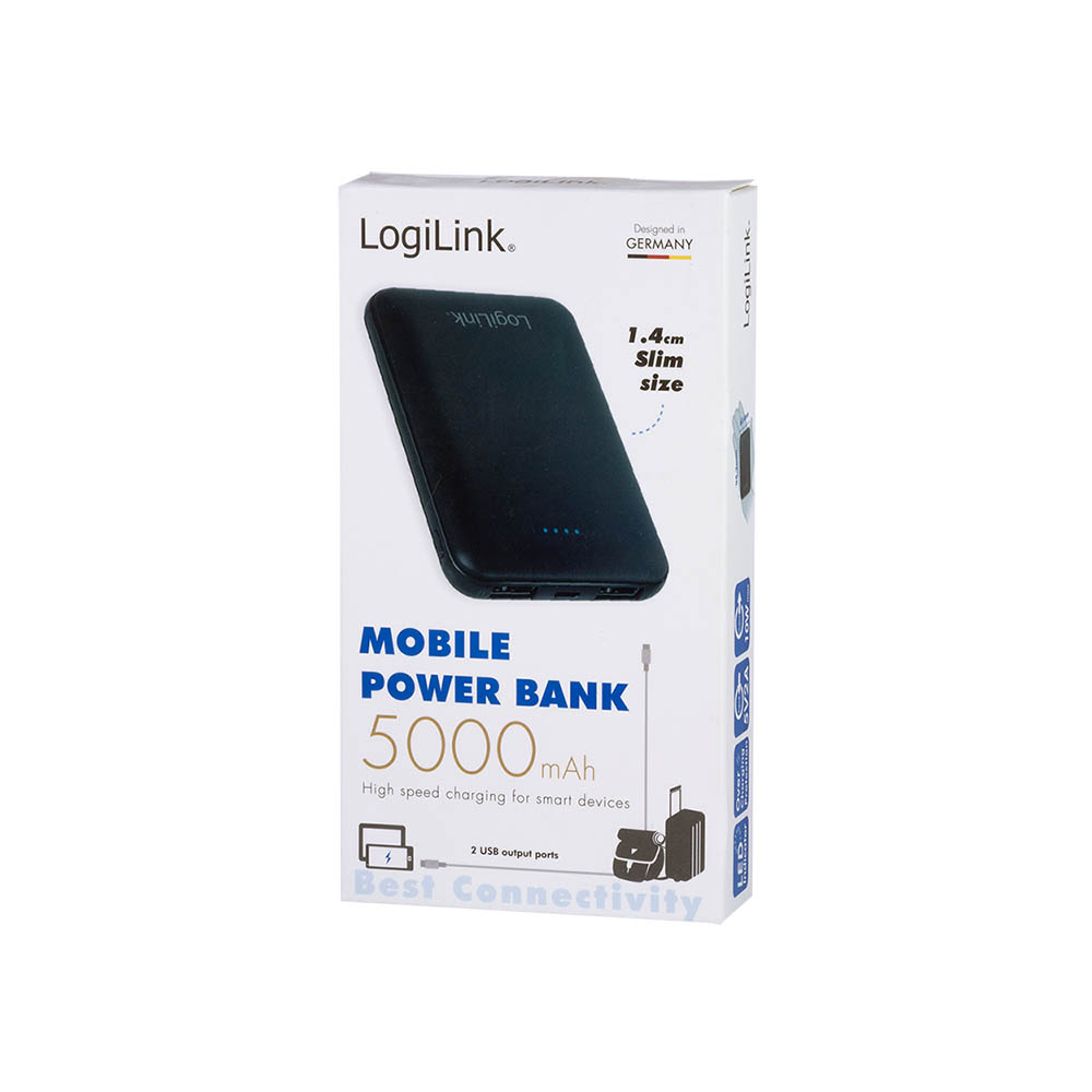 Power bank baterije LogiLink LogiLink  power bank 5000 mAh, 2x USB A, slim, black PA0202