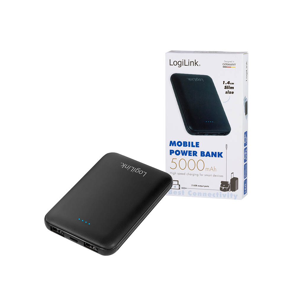 Power bank baterije LogiLink LogiLink  power bank 5000 mAh, 2x USB A, slim, black PA0202