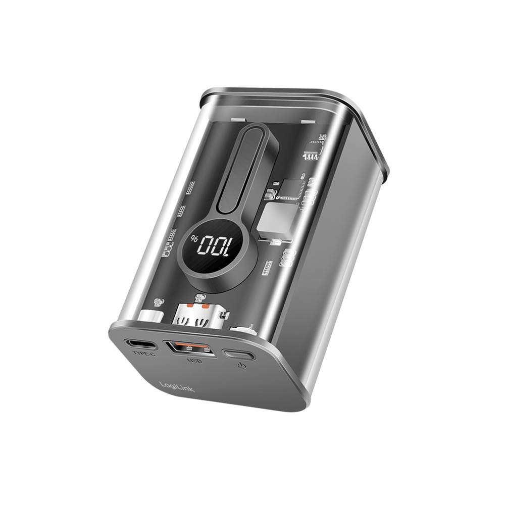 Power bank baterije LogiLink LogiLink power bank 10000 mAh, 1x USB A, 1x USB C, with display, PD QC, transp PA0306