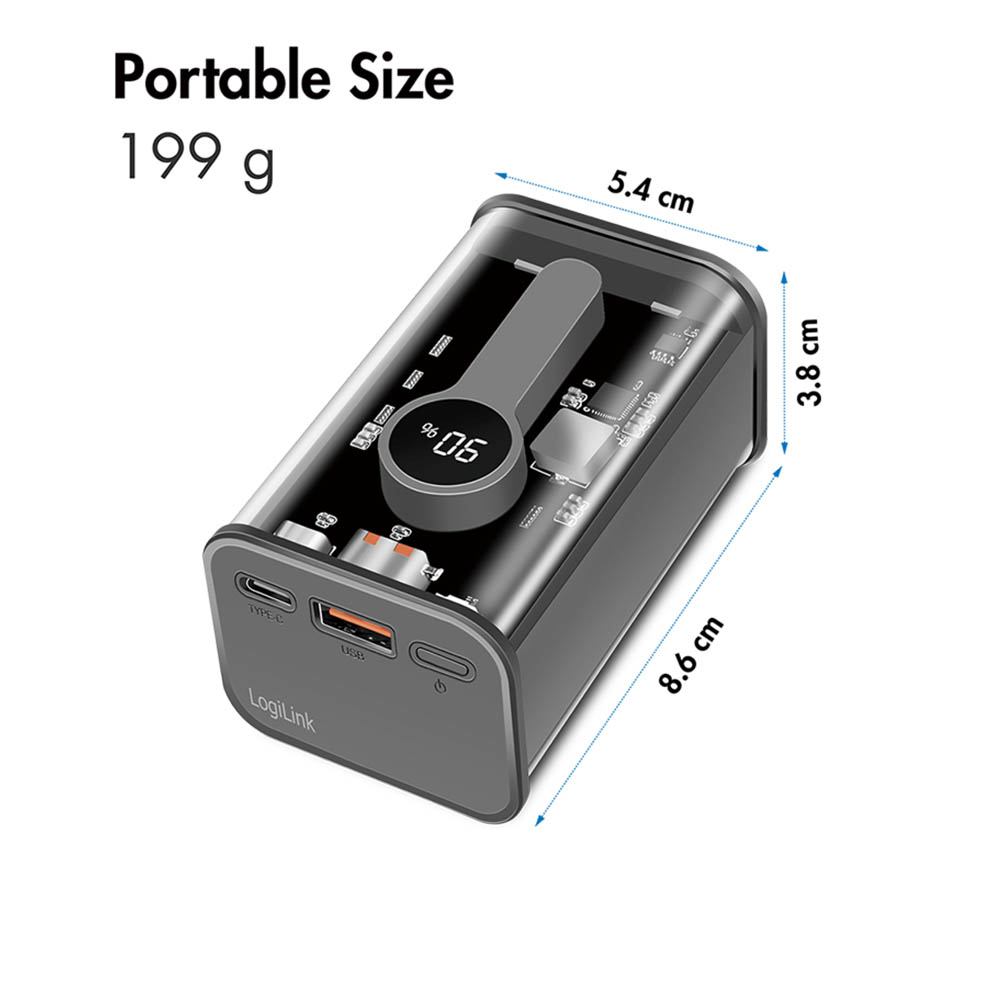 Power bank baterije LogiLink LogiLink power bank 10000 mAh, 1x USB A, 1x USB C, with display, PD QC, transp PA0306