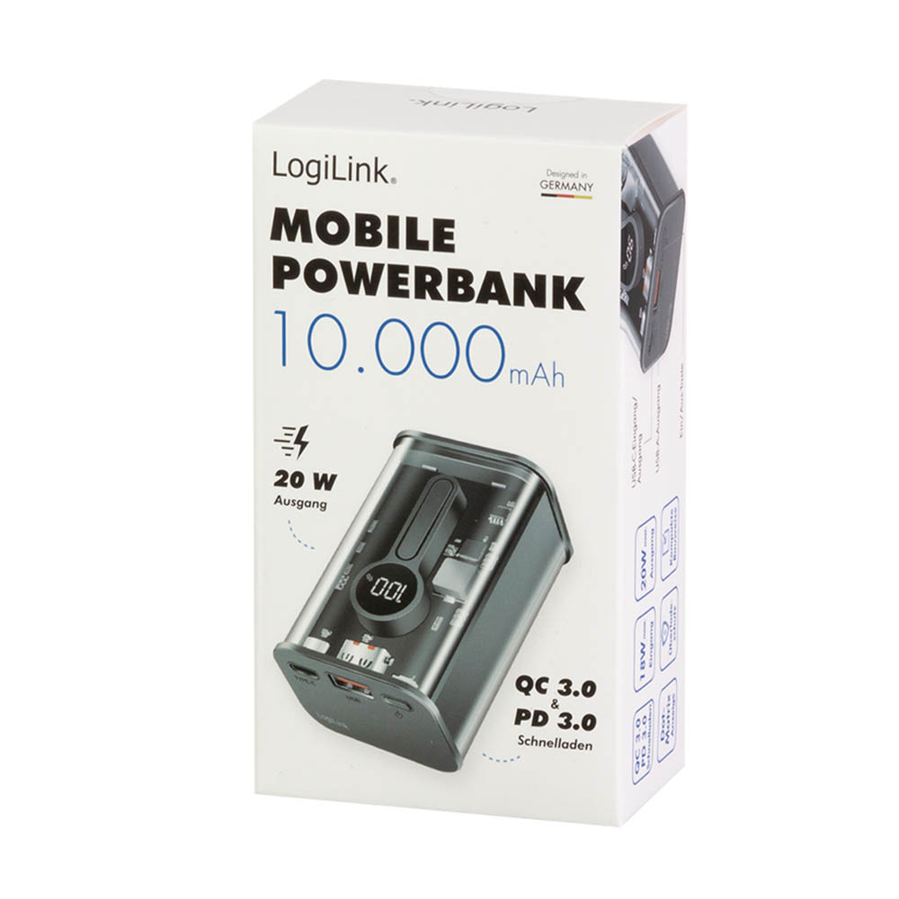 Power bank baterije LogiLink LogiLink power bank 10000 mAh, 1x USB A, 1x USB C, with display, PD QC, transp PA0306
