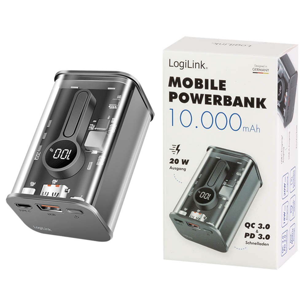 Power bank baterije LogiLink LogiLink power bank 10000 mAh, 1x USB A, 1x USB C, with display, PD QC, transp PA0306