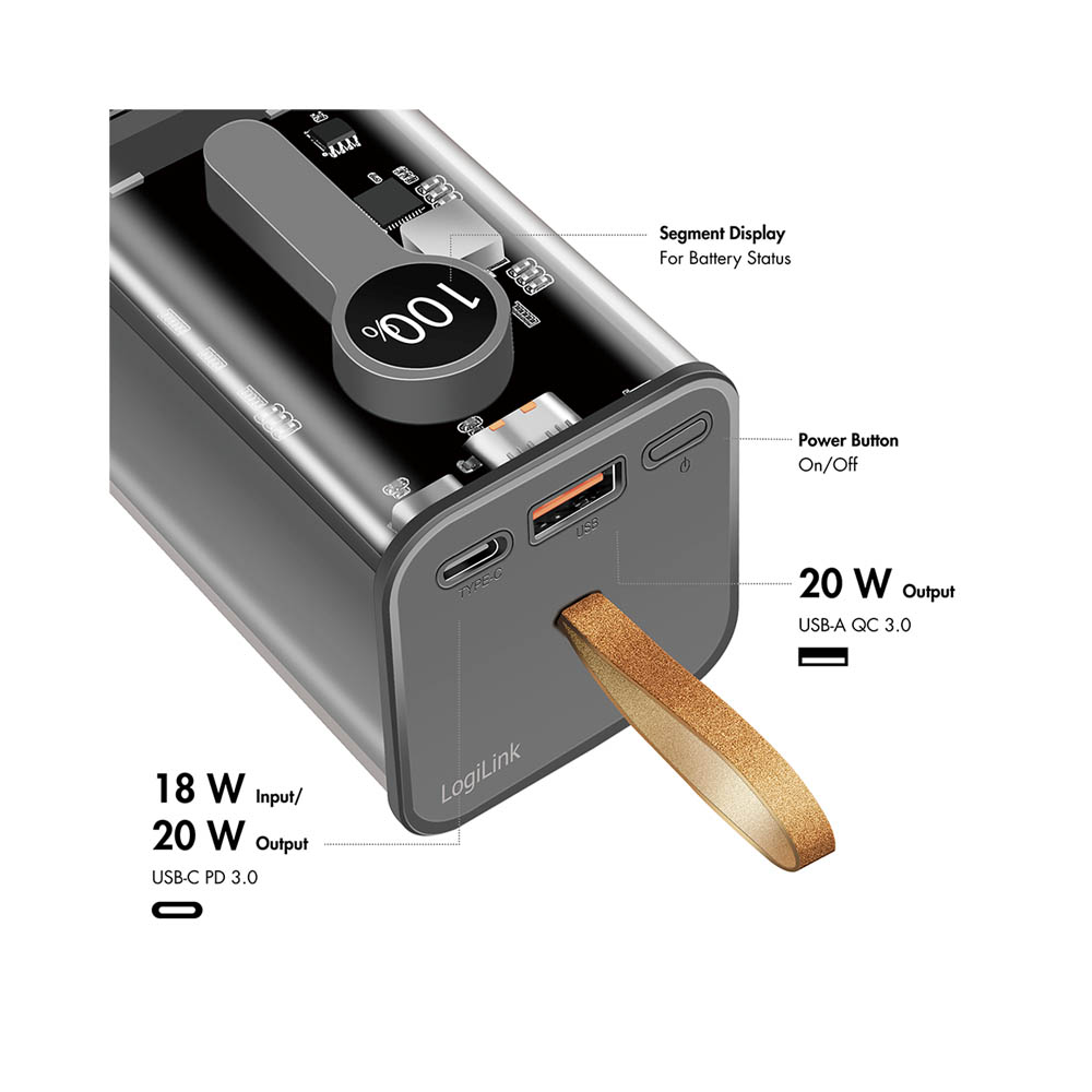Power bank baterije LogiLink LogiLink power bank Power bank 20000 mAh, 1x USB A, 1x USB C, with display, PD QC, transp PA0307