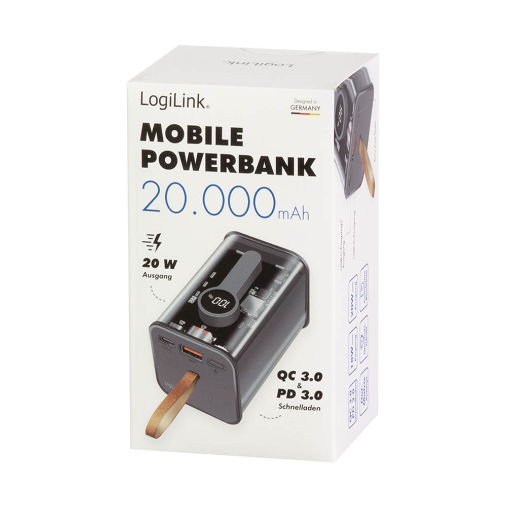 Power bank baterije LogiLink LogiLink power bank Power bank 20000 mAh, 1x USB A, 1x USB C, with display, PD QC, transp PA0307