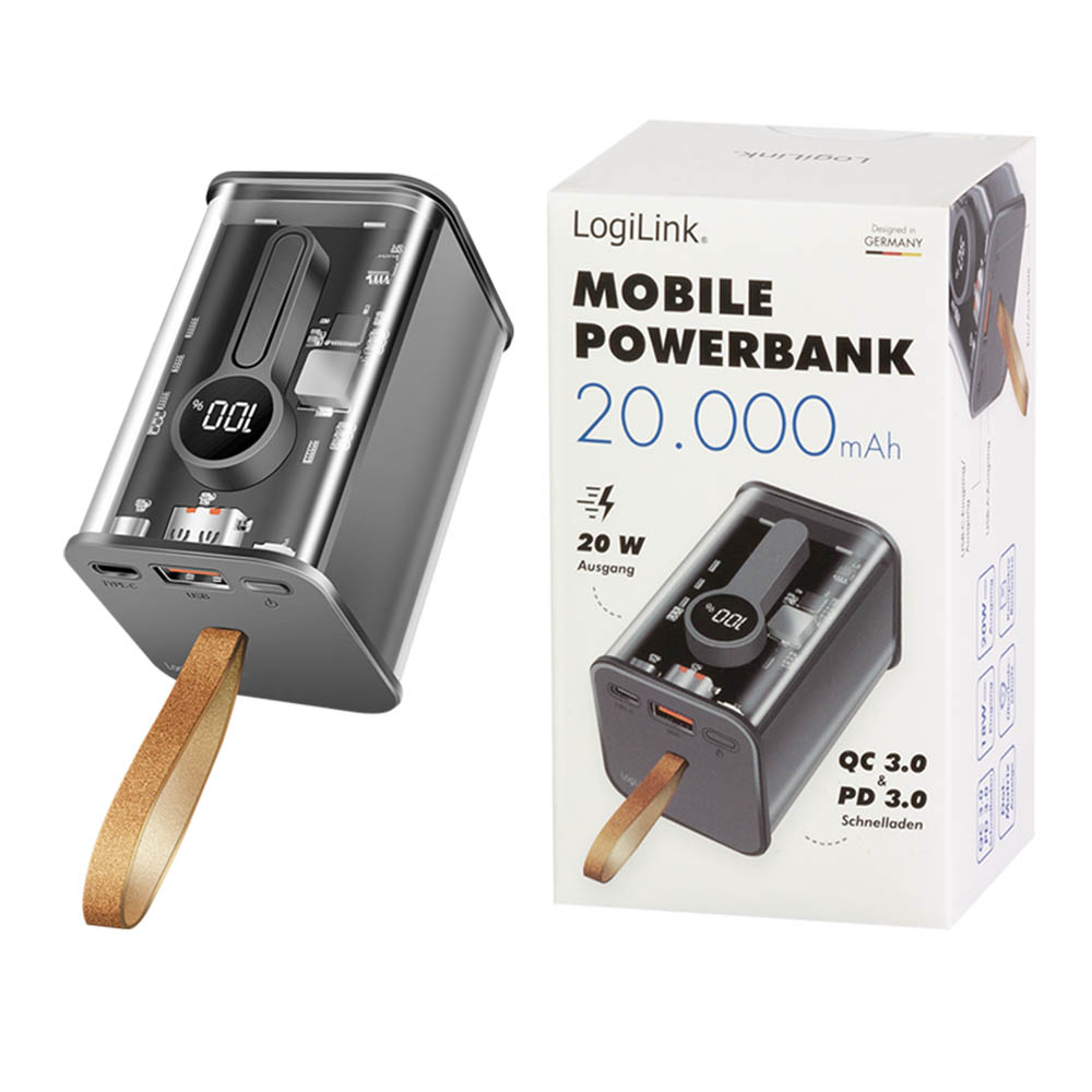 Power bank baterije LogiLink LogiLink power bank Power bank 20000 mAh, 1x USB A, 1x USB C, with display, PD QC, transp PA0307