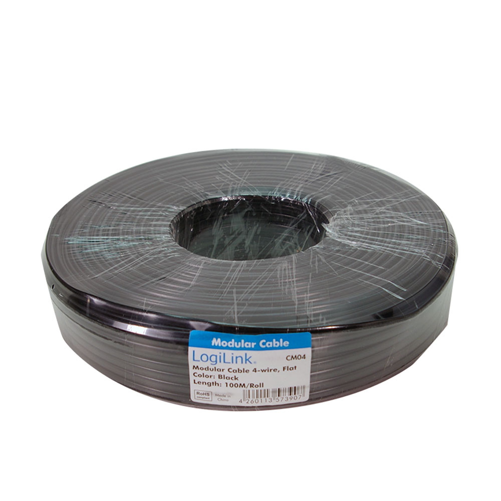 Telefon kabl LogiLink LogiLink Telephone cable, flat, 4 wire, black,100 m,CM04