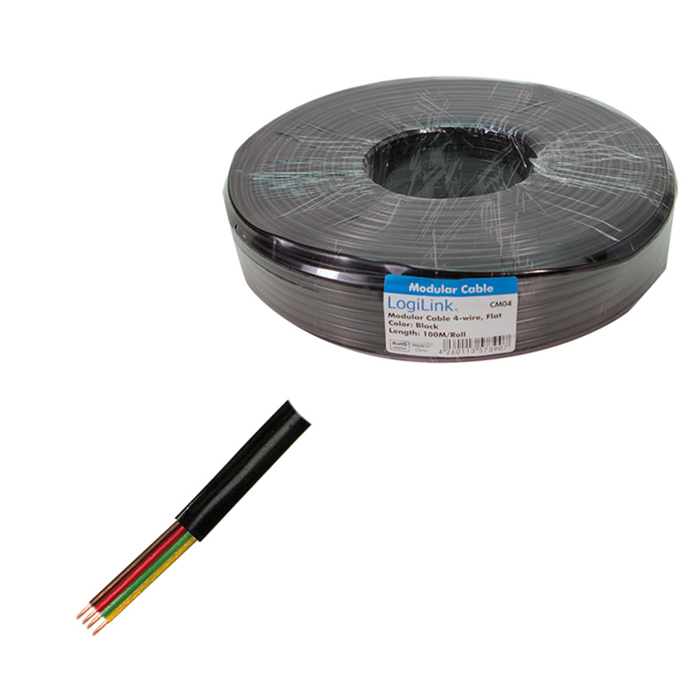 Telefon kabl LogiLink LogiLink Telephone cable, flat, 4 wire, black,100 m,CM04